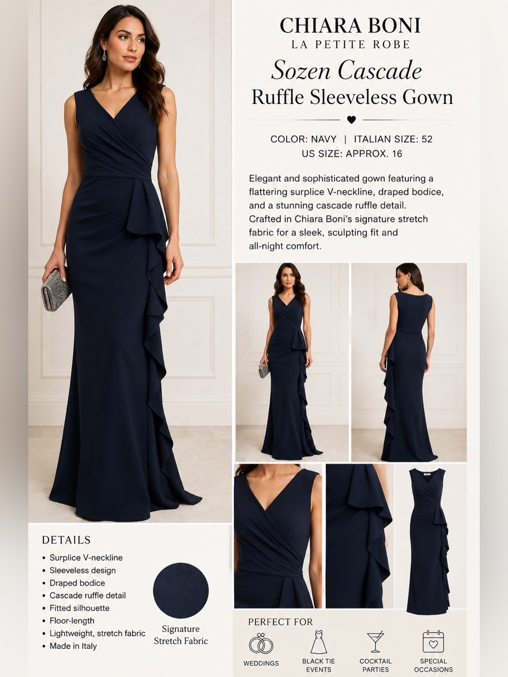 Chiara Boni La Petite Robe Sozen Cascade Ruffle Sleeveless Navy Gown IT52/US16
